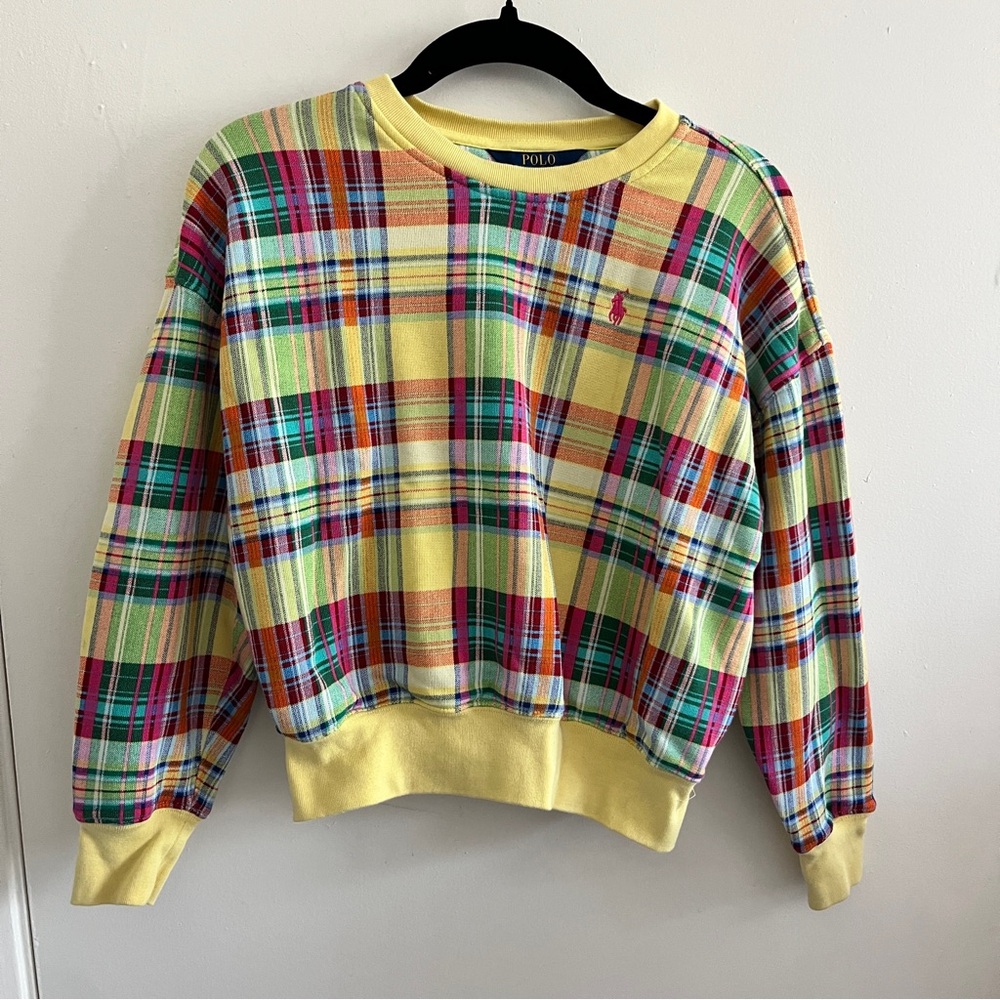 Polo Ralph Lauren Preppy Yellow Colorful Plaid Long Sleeve Crew Neck Sweater